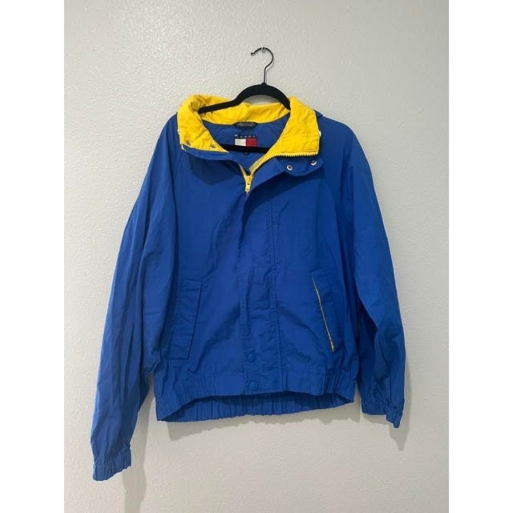 Vintage Tommy Hilfiger Blue Yellow Windbreaker Hooded Jacket Mens Small